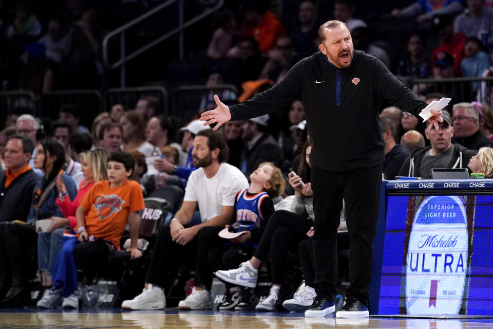 New York Knicks head coach Tom Thibodeau yells during the first half of an NBA basketball game against the Oklahoma City Thunder, Nov. 13, 2022, in New York. The Thunder won 145-135. (AP Photo/Julia Nikhinson)