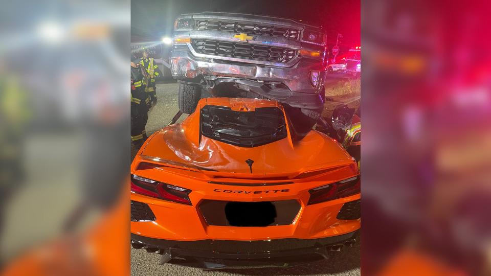 A Chevy Corvette Got Squashed by a Silverado and Its Passengers Walked Away photo