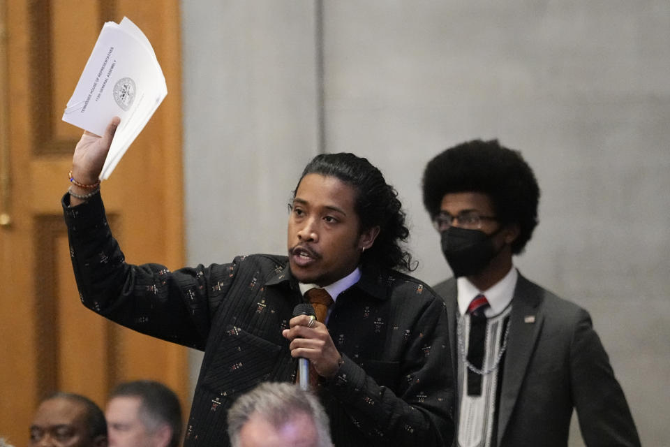 Rep. Justin Jones, D-Nashville, speaks from House floor on the first day of the 2024 legislative session Tuesday, Jan. 9, 2024, in Nashville, Tenn. (AP Photo/George Walker IV)