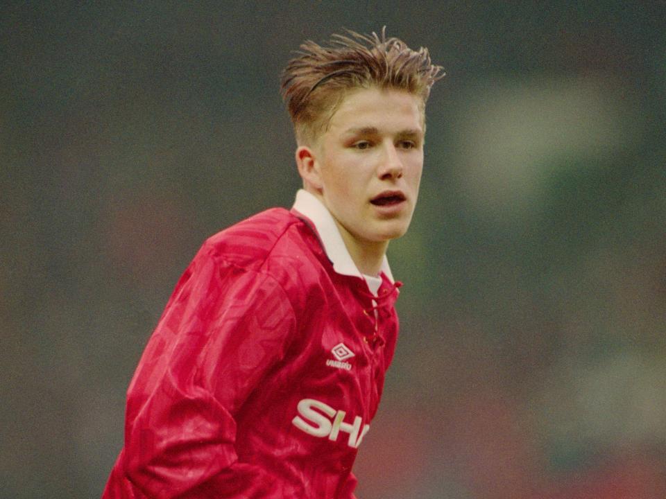 David Beckham of Manchester United in action during a Youth team game at Old Trafford on May 13, 1993 in Manchester, England.