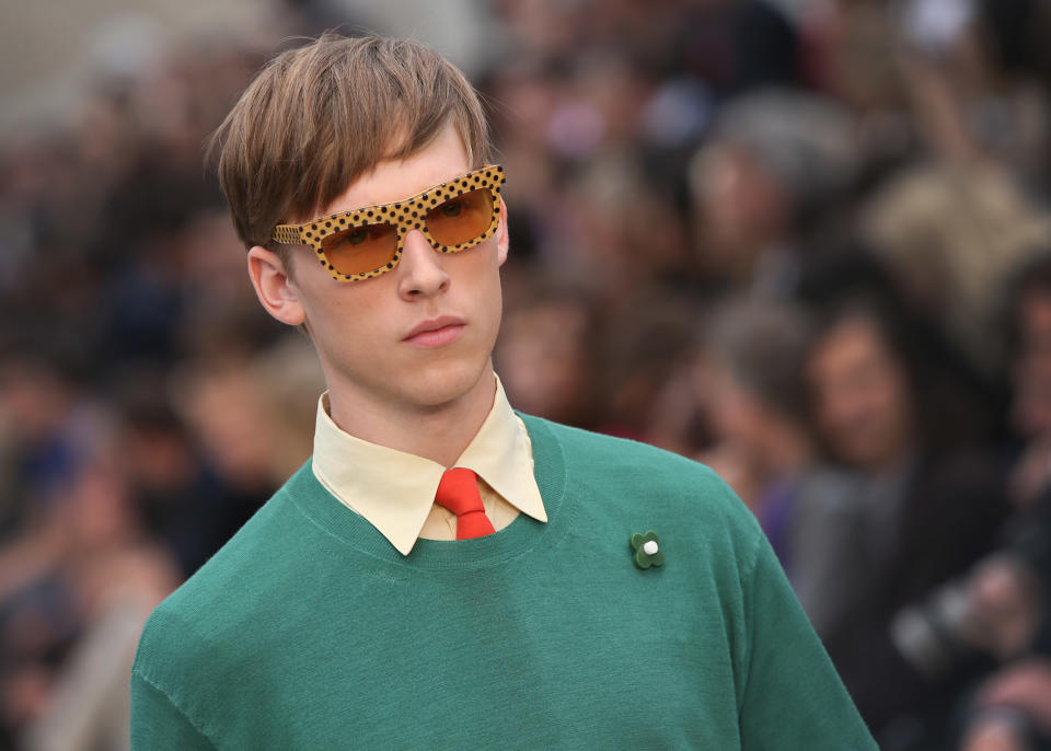 A model wears a creation for Burberry during London Men's spring summer fashion collections 2014, in London, Tuesday, June 18, 2013. (Photo by Joel Ryan/Invision/AP)