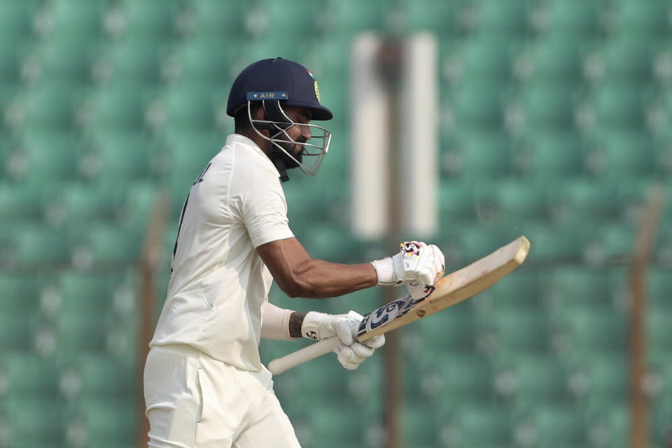 India's K.L. Rahul react after the dismissal during the first Test cricket match day one between Bangladesh and India in Chattogram, Bangladesh, Wednesday, Dec. 14, 2022. (AP Photo/Surjeet Yadav)