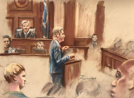 Assistant U.S. Attorney Nathan Williams delivers opening remarks in this courtroom sketch at the trial of Dylann Roof, who is facing the death penalty for the hate-fueled killings of nine black churchgoers, in Charleston, South Carolina, U.S., January 4, 2017. REUTERS/Sketch by Robert Maniscalco