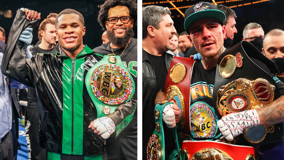 Aussie George Kambosos Jr. (pictured right) celebrating his win and (pictured left) American Devin Haney holding his belt.