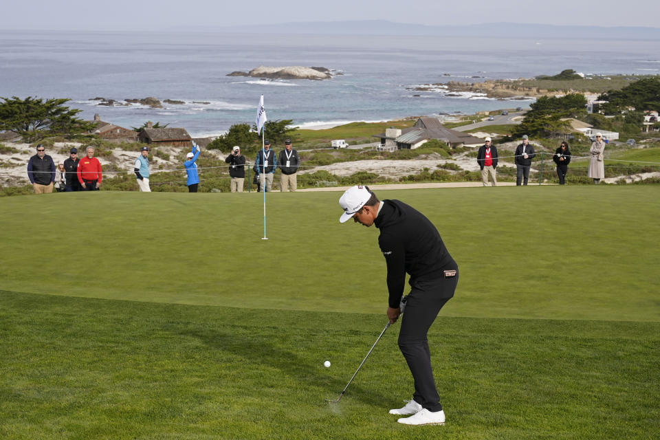 Garrick Higgo chips the ball onto the second green of the Spyglass Hill Golf Course during the first round of the AT&T Pebble Beach Pro-Am golf tournament in Pebble Beach, Calif., Thursday, Feb. 2, 2023. (AP Photo/Eric Risberg)