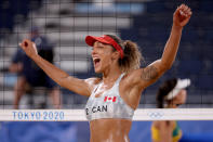 <p>TOKYO, JAPAN - JULY 29: Brandie Wilkerson #2 of Team Canada celebrates a point against Team Brazil in their Women's Preliminary Pool C match on day six of the Tokyo 2020 Olympic Games at Shiokaze Park on July 29, 2021 in Tokyo, Japan. (Photo by Sean M. Haffey/Getty Images)</p> 