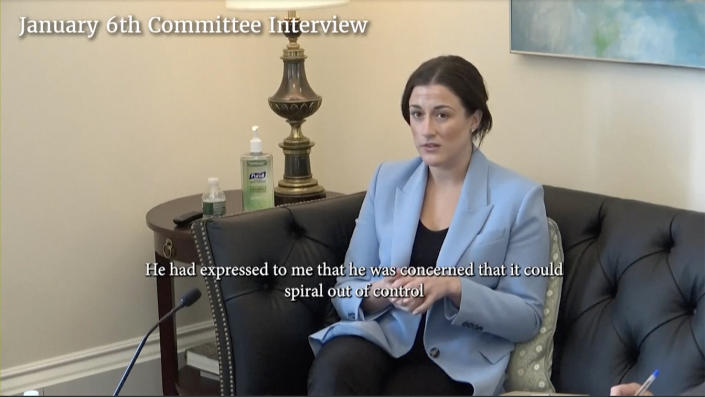 Cassidy Hutchinson during her pre-recorded testimony as seen at the House Select Committee hearing on June 28, 2022. (House TV)