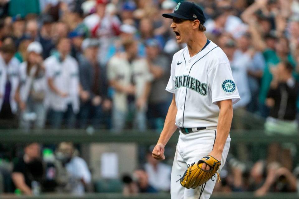 Seattle Mariners starting pitcher George Kirby (68) celebrates after striking out Houston’s Jose Altuve to end the top of the seventh inning of game 3 of the ALDS on Saturday, Oct. 15, 2022, at T-Mobile Park in Seattle. Kirby pitched seven shutout innings giving up six hits.