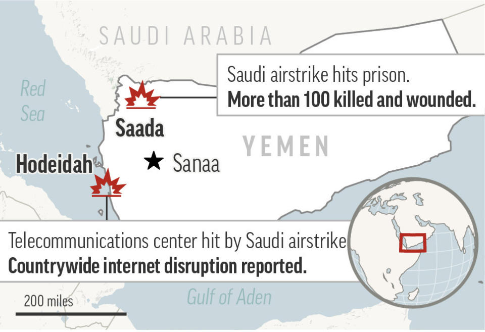 Map locates two Saudi airstrikes in Yemen. One striking a prison in the northwest city of Saada and the other in the western port city of Hodeidah, where a telecommunications hub was struck, crippling the country’s internet access