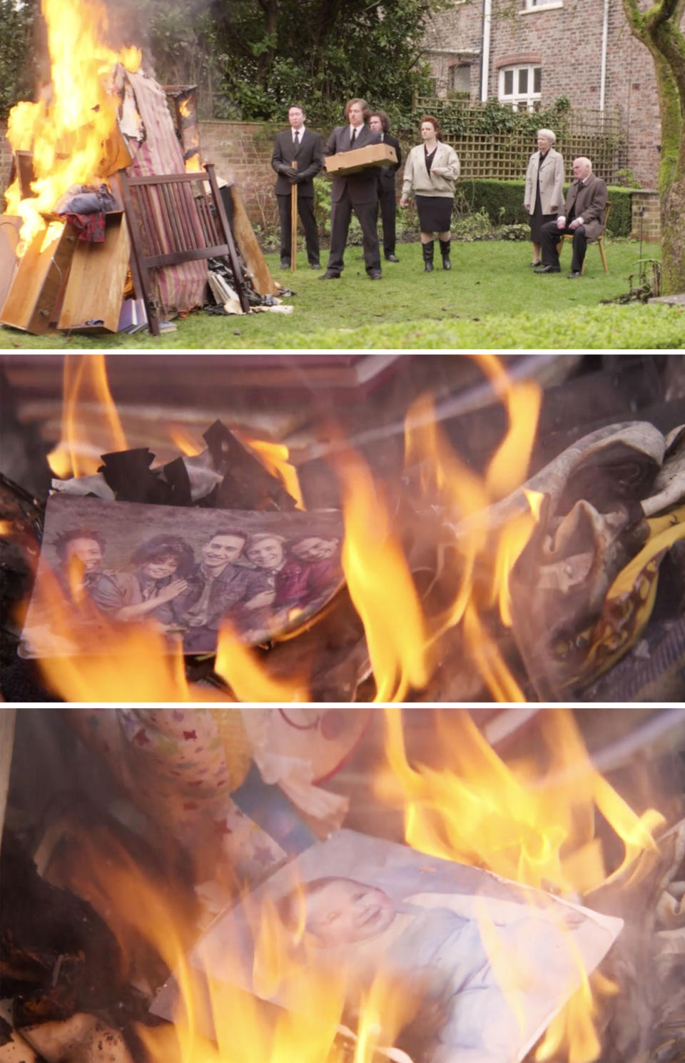 A large bonfire that is burning a mattress, clothing, and photos