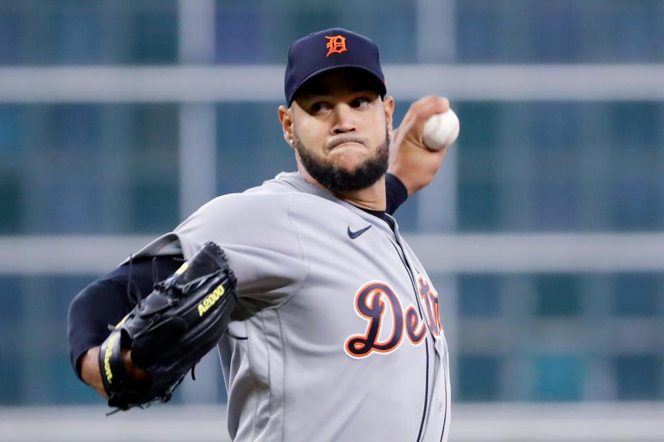 Detroit Tigers starting pitcher Eduardo Rodriguez throws during the first inning at Minute Maid Park in Houston on Wednesday, April 5, 2023.