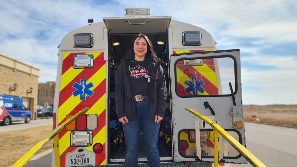 Kenzie Salzmann a second-year veterinary nurse student reflects on her disaster day training Friday outside a mass casualty ambulance in Amarillo.