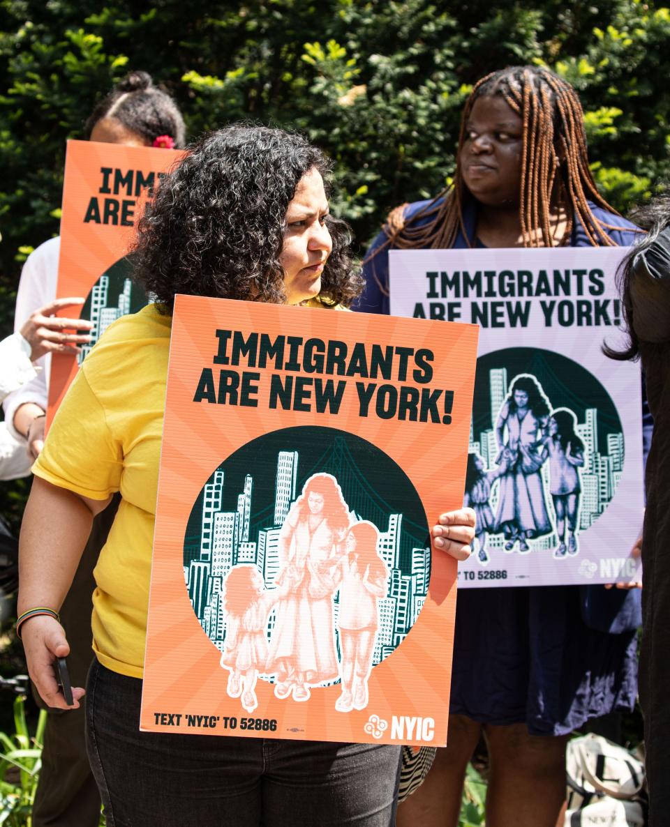 Immigrant advocates attend a press conference near City Hall in Manhattan May 11, 2023. New York City elected officials, along with immigrant advocates from the lower Hudson Valley spoke about the need to coordinate efforts to aid asylum seekers and migrants as Title 42 came to end on Thursday. 