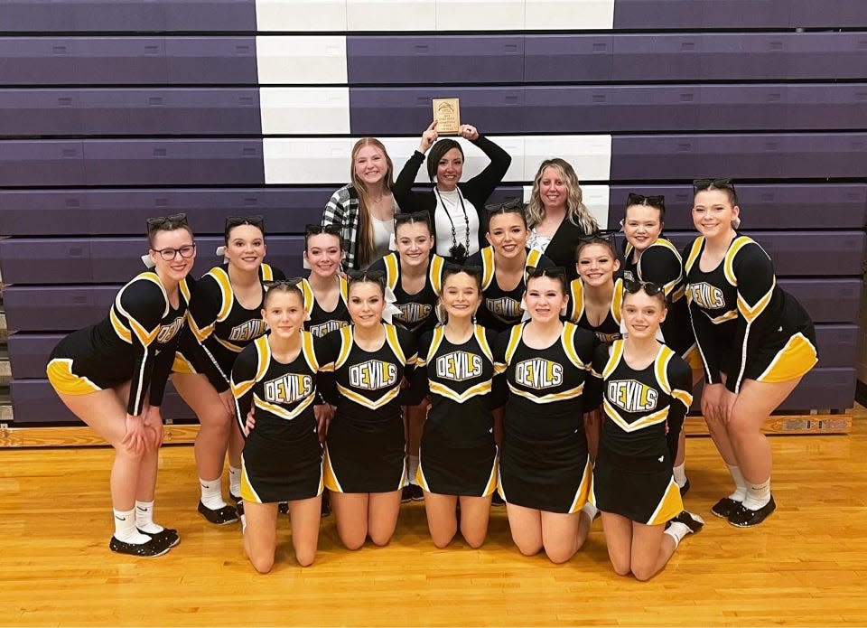 The Gaylord competitive cheer team poses after winning the Farwell Invitational over the weekend.