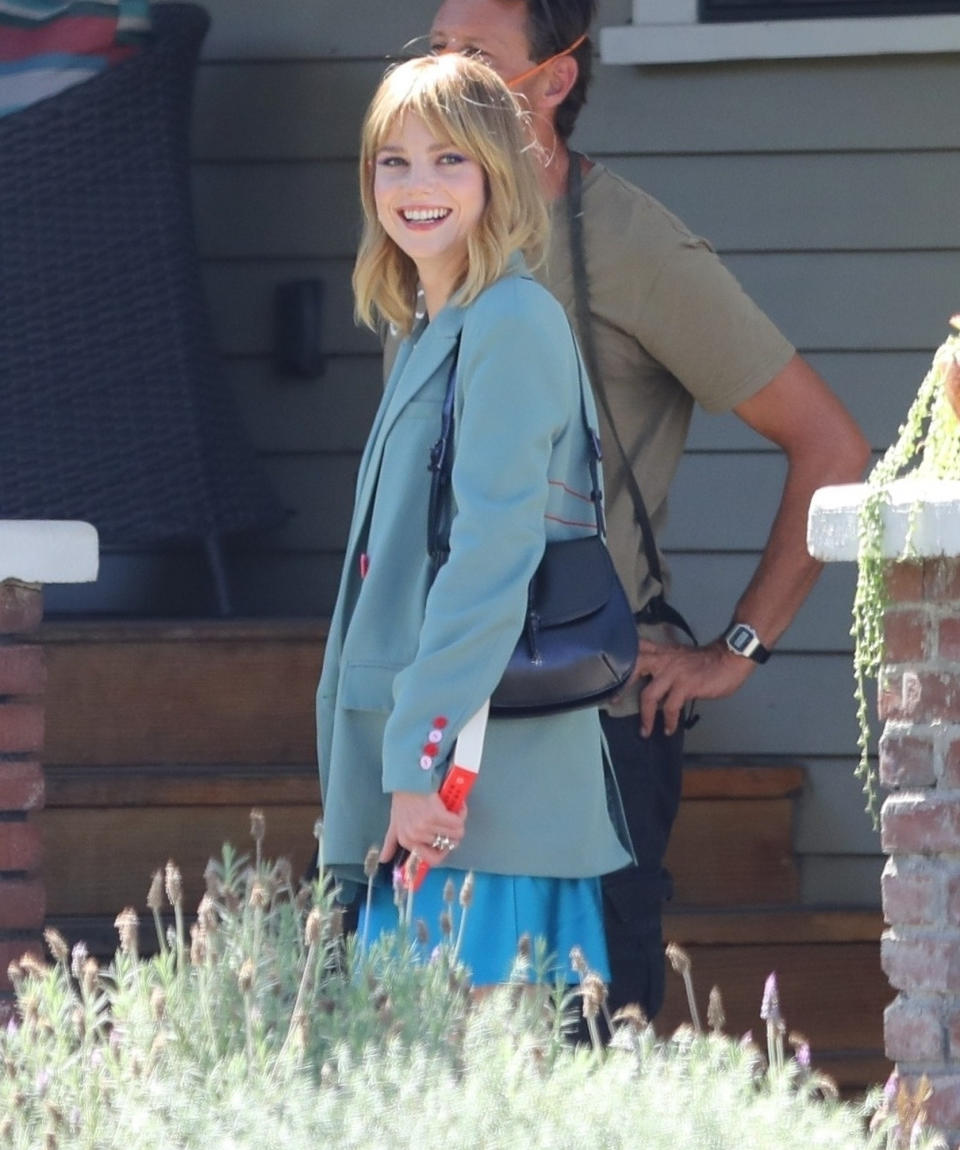 <p>Lucy Boynton hits the Los Angeles set of her latest project, <em>The Greatest Hits, </em>on Sept. 20.</p>