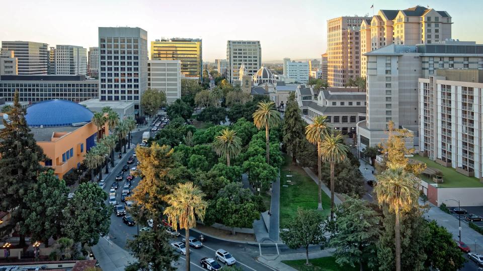 An aerial and panoramic view of the historic Plaza de Cesar Chavez in San Jose, CA.