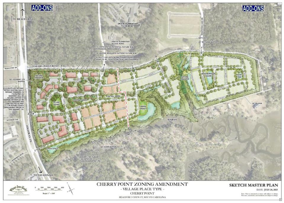A development plan for a development along Cherry Point Road in Okatie. Whitmer • Jones • Keefer