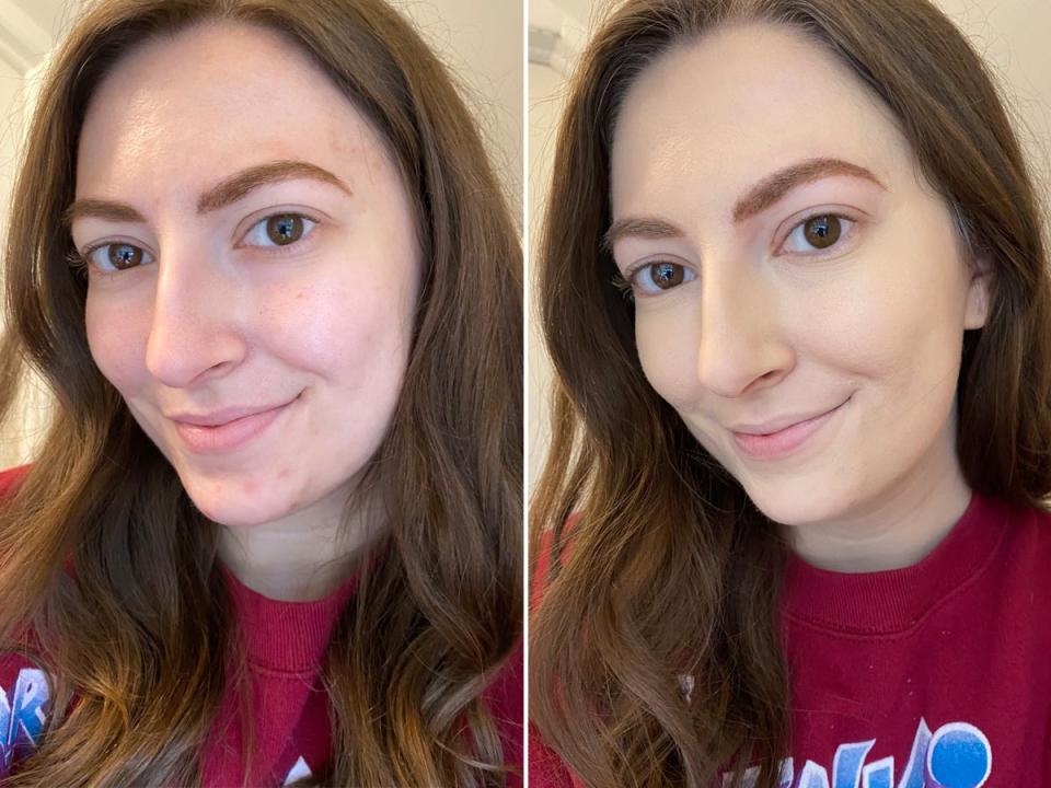 Reporter Amanda Krause without foundation (left) and with Huda Beauty's foundation (right).