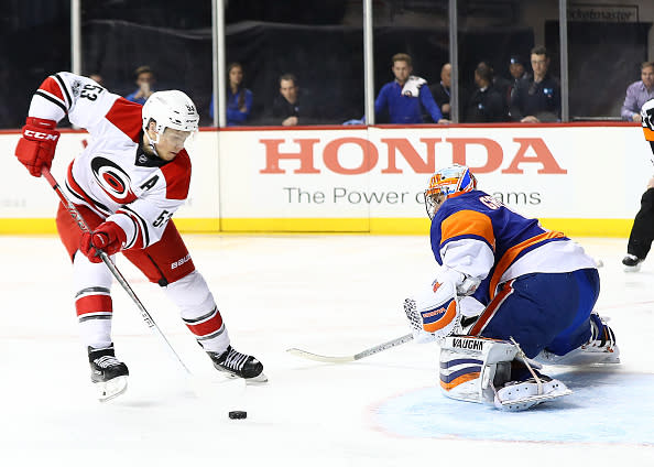 NEW YORK, NY - MARCH 13: Jeff Skinner #53 of the Carolina Hurricanes scores on a penalty shot against Thomas Greiss #1 of the New York Islanders during their game at the Barclays Center on March 13, 2017 in New York City. (Photo by Al Bello/Getty Images)