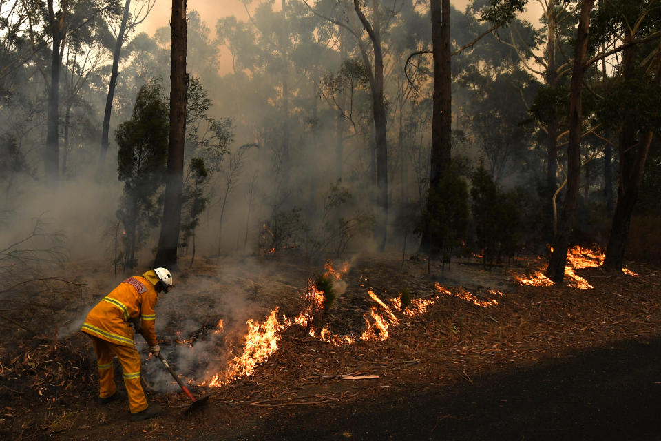 Rural Fire Service volunteers (RFS) and Fire and Rescue NSW officers (FRNSW) contain a small bushfire which closed the Princes Highway south of Ulladulla.