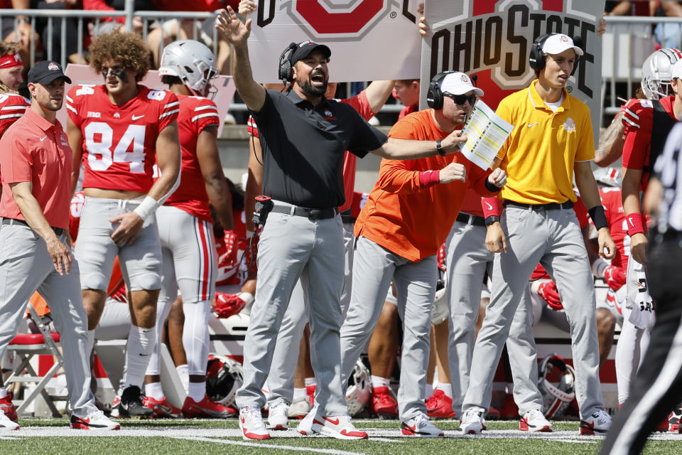 Ohio State head coach Ryan Day shouts to his team against Arkansas State during the first half of an NCAA college football game Saturday, Sept. 10, 2022, in Columbus, Ohio. (AP Photo/Jay LaPrete)