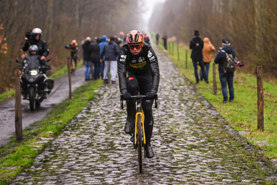 ROUBAIX FRANCE  APRIL 06 Wout Van Aert of Belgium and Team JumboVisma during the ParisRoubaix 2023 Training Day 1  UCIWT  on April 06 2023 in Roubaix France Photo by Luc ClaessenGetty Images