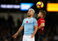 Soccer Football - Premier League - Manchester City v Manchester United - Etihad Stadium, Manchester, Britain - November 11, 2018 Manchester City's Sergio Aguero in action with Manchester United's Luke Shaw Action Images via Reuters/Jason Cairnduff