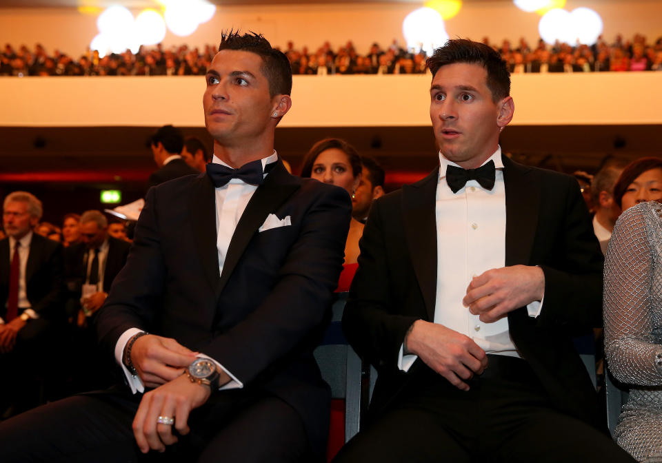Lionel Messi and Cristiano Ronaldo at the Ballon d'Or Gala in 2016. (Alexander Hassenstein - FIFA/FIFA via Getty Images)