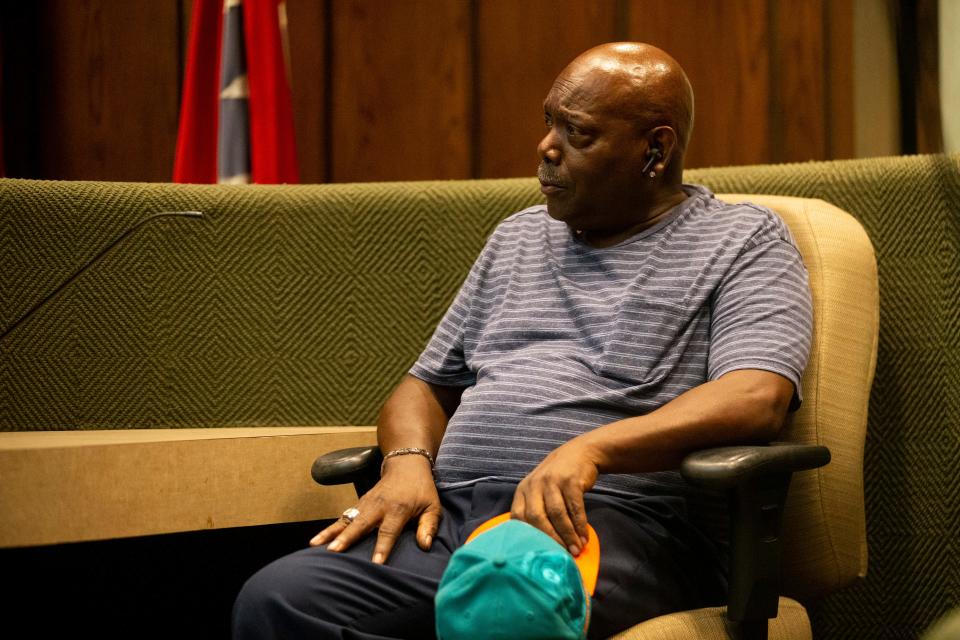 Arthur Riley, an original witness of the robbery at B.B. King’s in 2002, takes the stand as a witness called by the Tennessee Innocence Project in their argument that Artis Whitehead, who was been in jail since 2003 on charges related to the robbery, was wrongfully convicted at Shelby County Criminal Court on Wednesday, September 6, 2023.