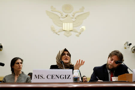 Hatice Cengiz, fiancee of murdered journalist Jamal Khashoggi, testifies before a House Foreign Affairs Subcommittee hearing on "The Dangers of Reporting on Human Rights" on Capitol Hill in Washington U.S., May 16, 2019. REUTERS/Kevin Lamarque