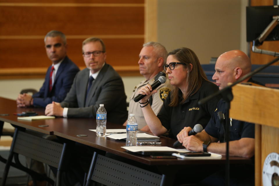 Bend Police Department Communications Manager Shelia Miller answers questions, Monday, Aug. 29, 2022 at a media briefing to give updates on the shooting that happened at a Safeway on Aug. 28. (Dave Killen/The Oregonian via AP)