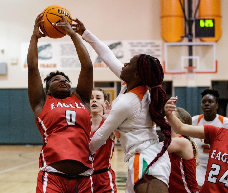 NFC Eagle Alexis Howard (0) snags the rebound. The FAMU DRS Rattlers defeated the NFC Eagles 59-18 Friday, Jan 7, 2022.