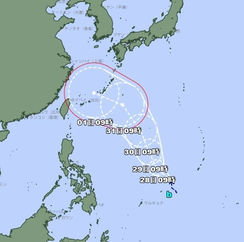 日本氣象廳預測卡努颱風將生成，也可能觸及台灣東北角。取自日本氣象廳