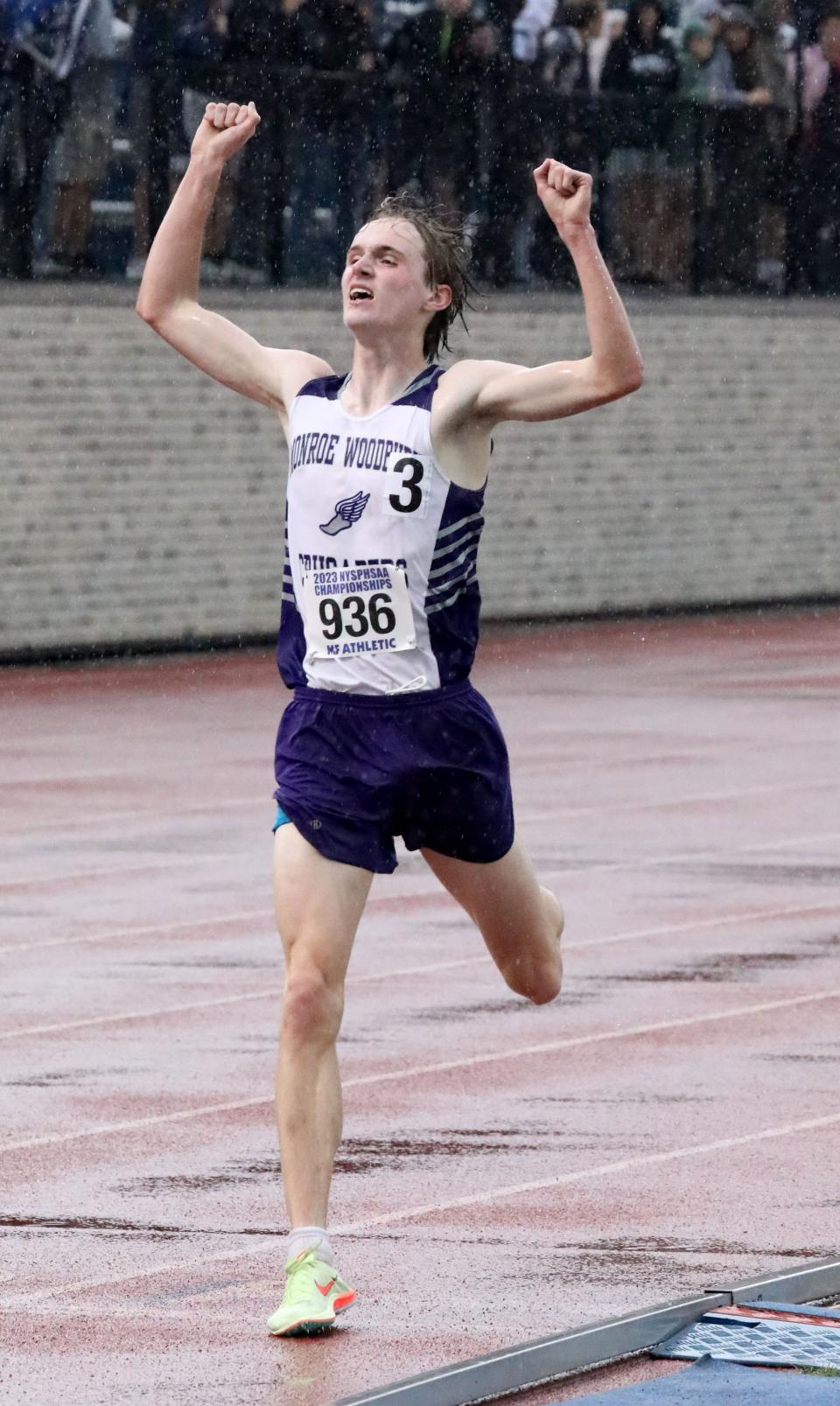 Collin Gilstrap from Monroe-Woodbury (936) crosses the finish line in the boys 3200 meter run during the New York State Track and Field Championships at Middletown High School, June 9, 2023.