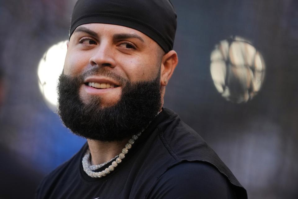 Arizona Diamondbacks infielder Emmanuel Rivera practices before Game 3 of the World Series against the Texas Rangers at Chase Field in Phoenix on Oct. 30, 2023.