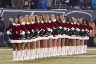 <p>New York Jets cheerleaders perform during a timeout of an NFL football game against the Miami Dolphins, Saturday, Dec. 17, 2016, in East Rutherford, N.J. (AP Photo/Adam Hunger) </p>