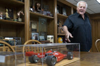 A.J. Foyt talks about the racing car models fans have gifted him, Wednesday, March 29, 2023, in Waller, Texas. One of the greatest auto racing drivers in history has been forced to reflect upon in recent weeks during what usually is a time of joy. The month of May means the Indianapolis 500, the biggest race in the world, and it's a crown jewel event that Foyt won a record-sharing four times. (AP Photo/Godofredo A. Vásquez)