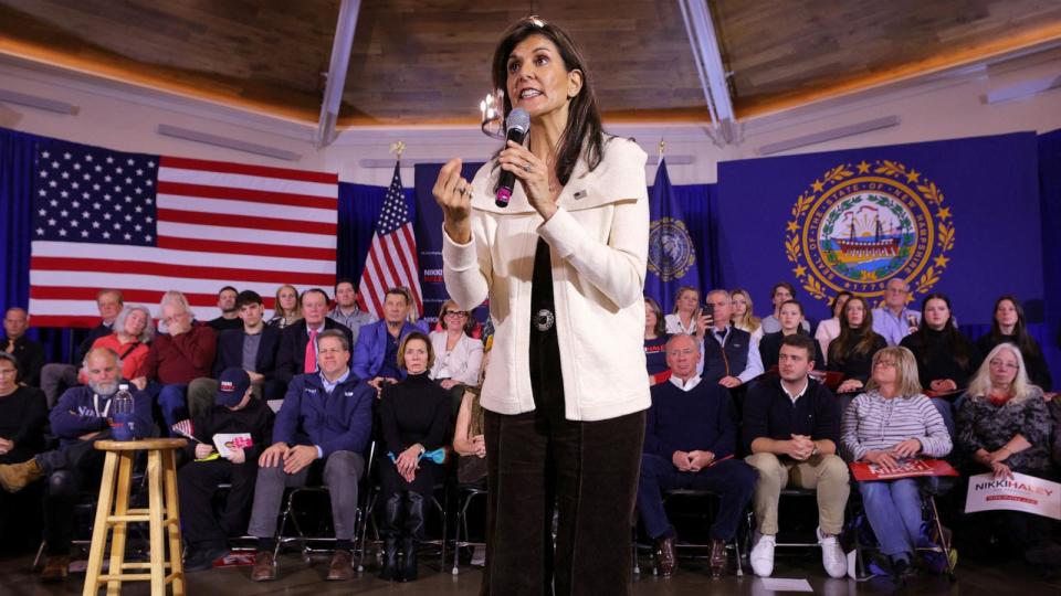 PHOTO: Republican presidential candidate and former Ambassador to the United Nations Nikki Haley speaks at a campaign town hall in Rye, New Hampshire, on Jan. 2, 2024.    (Brian Snyder/Reuters)