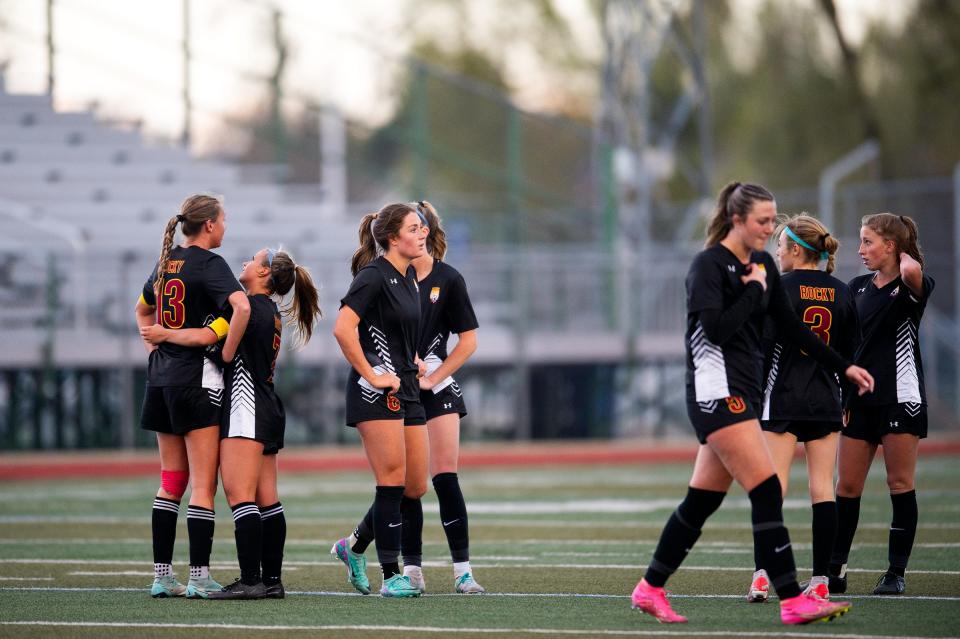 Rocky Mountain's girls soccer team reacts after losing a Class 5A girls soccer first-round playoff match on Tuesday, May 7, 2024, at French Field in Fort Collins, Colo.