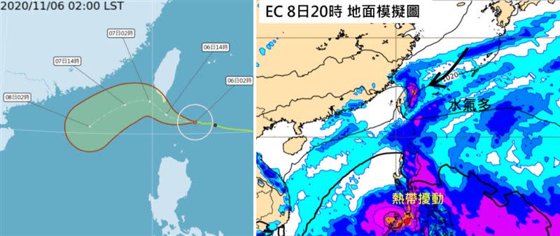 左圖：6日2時中央氣象局「路徑潛勢預測圖」顯示，明(7日)白天起「閃電」漸行漸遠，並受東北風導引，轉向西南西，逐漸減弱。右圖：最新(5日20時)歐洲中期預報中心(ECMWF)模式，模擬下週(8)日20時地面圖顯示，菲律賓東西方海域，有「熱帶擾動」發展與活動，台灣東方海面有較多水氣；受到東北風的抬升，迎風面易有較大降雨。