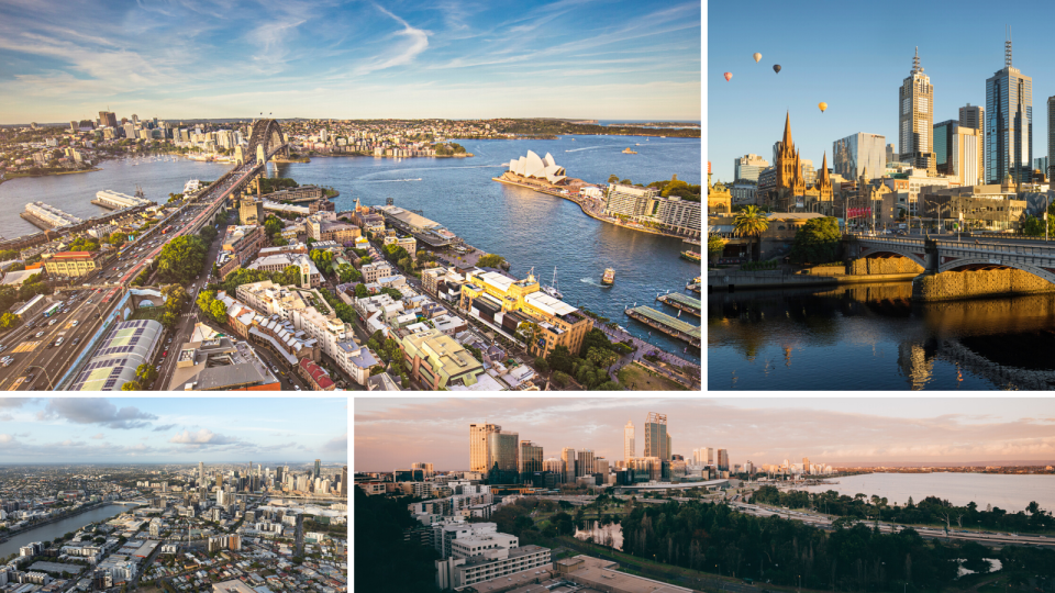 Clockwise: Sydney, Melbourne, Perth, Brisbane. (Source: Getty)