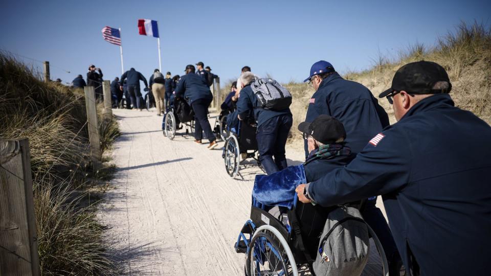 U.S. veterans arrive for the commemoration organized by the Best Defense Foundation at Utah Beach near Sainte-Marie-du-Mont, Normandy, France, Sunday, June 4, 2023, ahead of the D-Day Anniversary. (Thomas Padilla/AP)