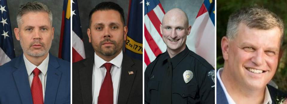 From left, William Elliott, Samuel Poloche, Joshua Eyer and Thomas Weeks. All three men were among four officers who were killed on Monday during an incident that broke out when officers attempted to serve a warrant at a house in Charlotte, North Carolina, authorities said.