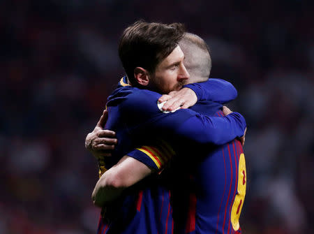 Soccer Football - Spanish King's Cup Final - FC Barcelona v Sevilla - Wanda Metropolitano, Madrid, Spain - April 21, 2018 Barcelona's Andres Iniesta celebrates scoring their fourth goal with Lionel Messi REUTERS/Juan Medina