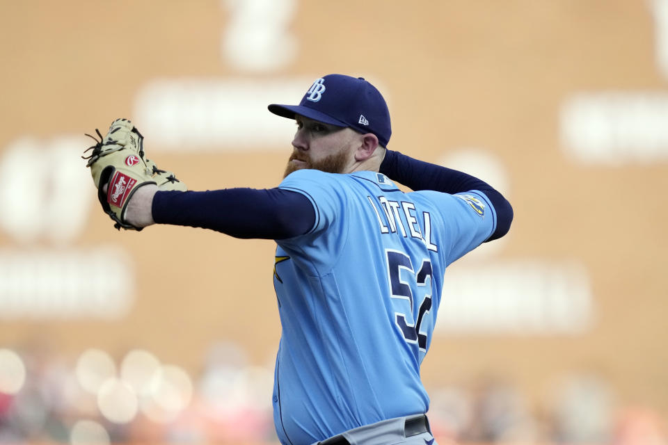 Tampa Bay Rays starting pitcher Zach Littell throws during the first inning of a baseball game against the Detroit Tigers, Friday, Aug. 4, 2023, in Detroit. (AP Photo/Carlos Osorio)