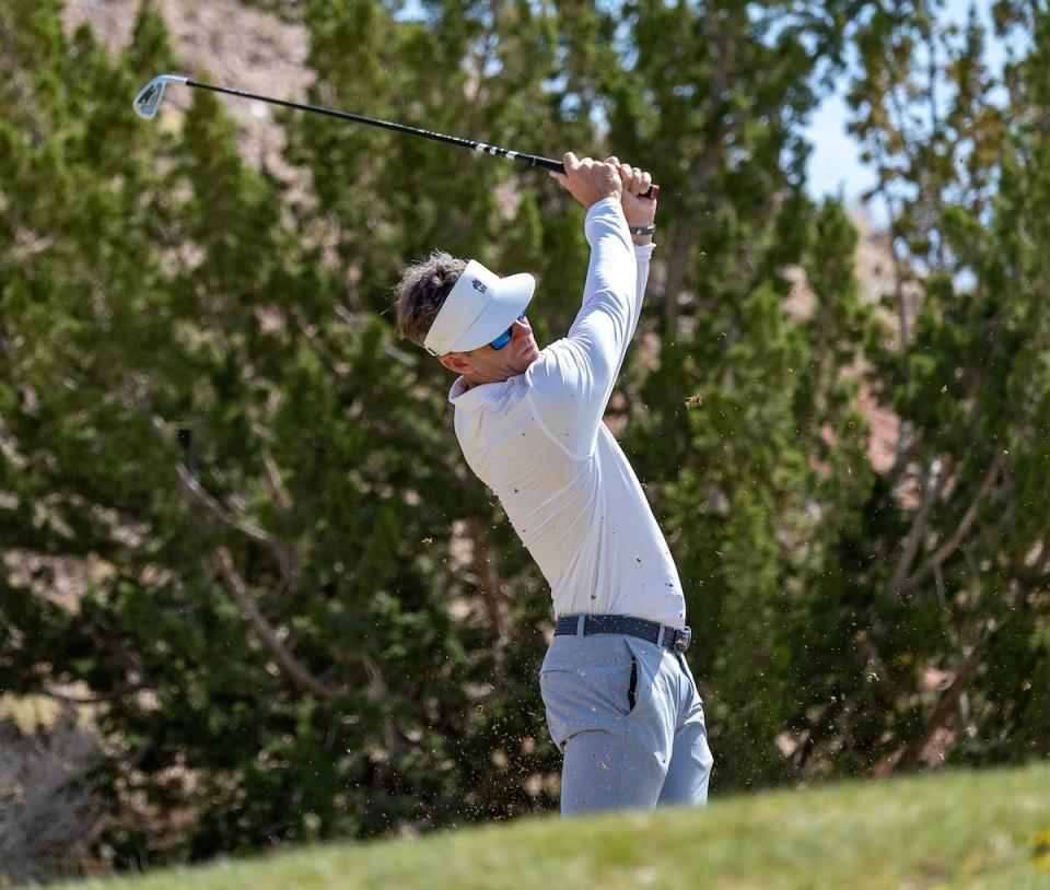 Jeremy Wells hits his tee shot on the seventh hole during the final round of the 55th PGA Professional Championship at Twin Warriors Golf Club on Wednesday, May 3, 2023 in Santa Ana Pueblo, New Mexico. (Photo by Adolphe Pierre-Louis/PGA of America)