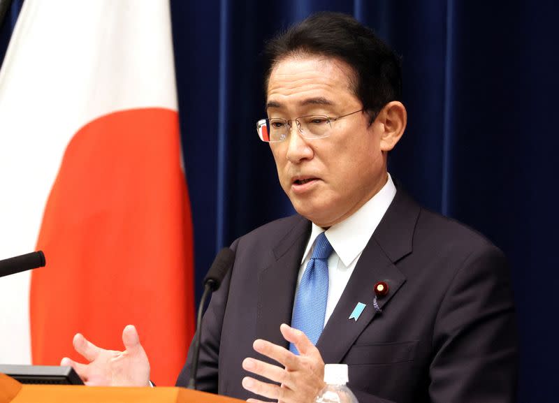 FILE PHOTO: Japanese Prime Minister Fumio Kishida speaks before press at his official residence in Tokyo