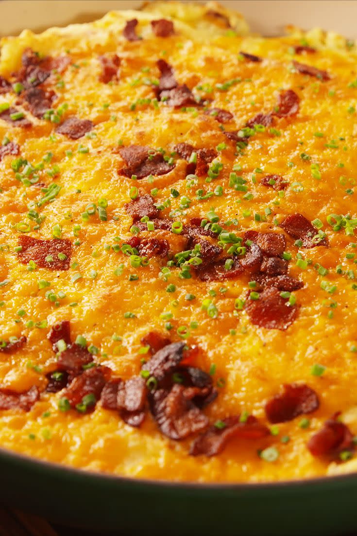 <p>This bake is basically a <a href="https://www.delish.com/cooking/recipe-ideas/recipes/a43853/loaded-baked-potatoes-bacon-cheddar-recipe/" rel="nofollow noopener" target="_blank" data-ylk="slk:loaded baked potato;elm:context_link;itc:0;sec:content-canvas" class="link ">loaded baked potato</a> in casserole form ... do we even need to say anything else? Top this cheesy bacon goodness with <a href="https://www.delish.com/cooking/recipe-ideas/a41021056/fermented-hot-sauce-recipe/" rel="nofollow noopener" target="_blank" data-ylk="slk:hot sauce;elm:context_link;itc:0;sec:content-canvas" class="link ">hot sauce</a> or <a href="https://www.delish.com/cooking/menus/a37115399/pickled-peppers-recipe/" rel="nofollow noopener" target="_blank" data-ylk="slk:pickled jalapeños;elm:context_link;itc:0;sec:content-canvas" class="link ">pickled jalapeños</a> if you prefer a spicy kick. <br><br>Get the <strong><a href="https://www.delish.com/cooking/recipe-ideas/recipes/a56641/loaded-mashed-potato-bake-recipe/" rel="nofollow noopener" target="_blank" data-ylk="slk:Loaded Mashed Potato Bake recipe;elm:context_link;itc:0;sec:content-canvas" class="link ">Loaded Mashed Potato Bake recipe</a></strong>.</p>