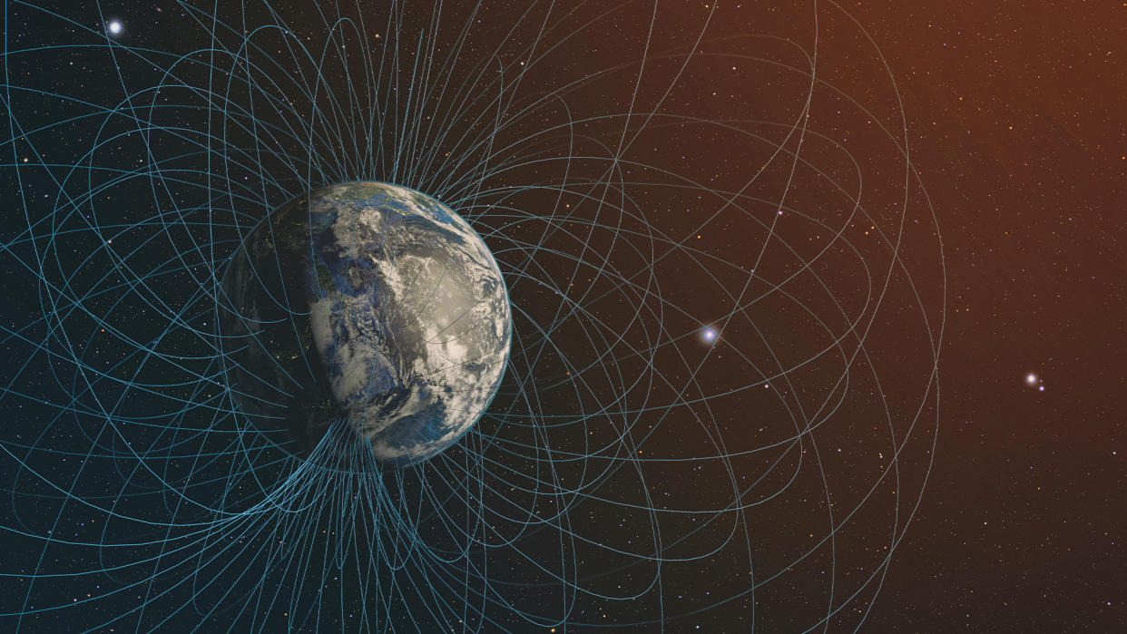  3D rendering of Planet Earth's magnetic field. 