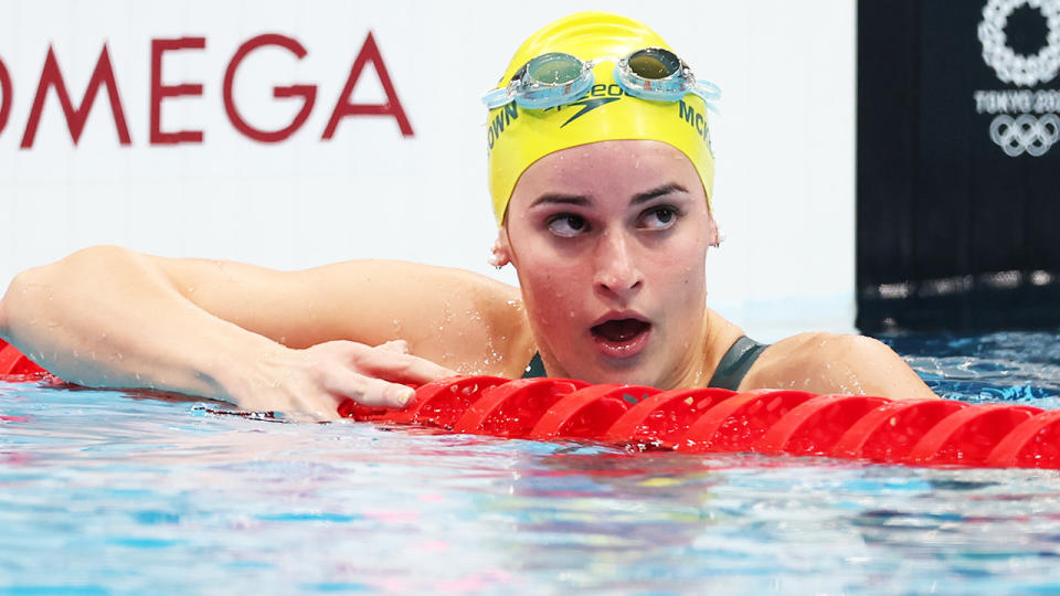 Kaylee McKeown, pictured here after the 100m backstroke heats at the Tokyo Olympics.